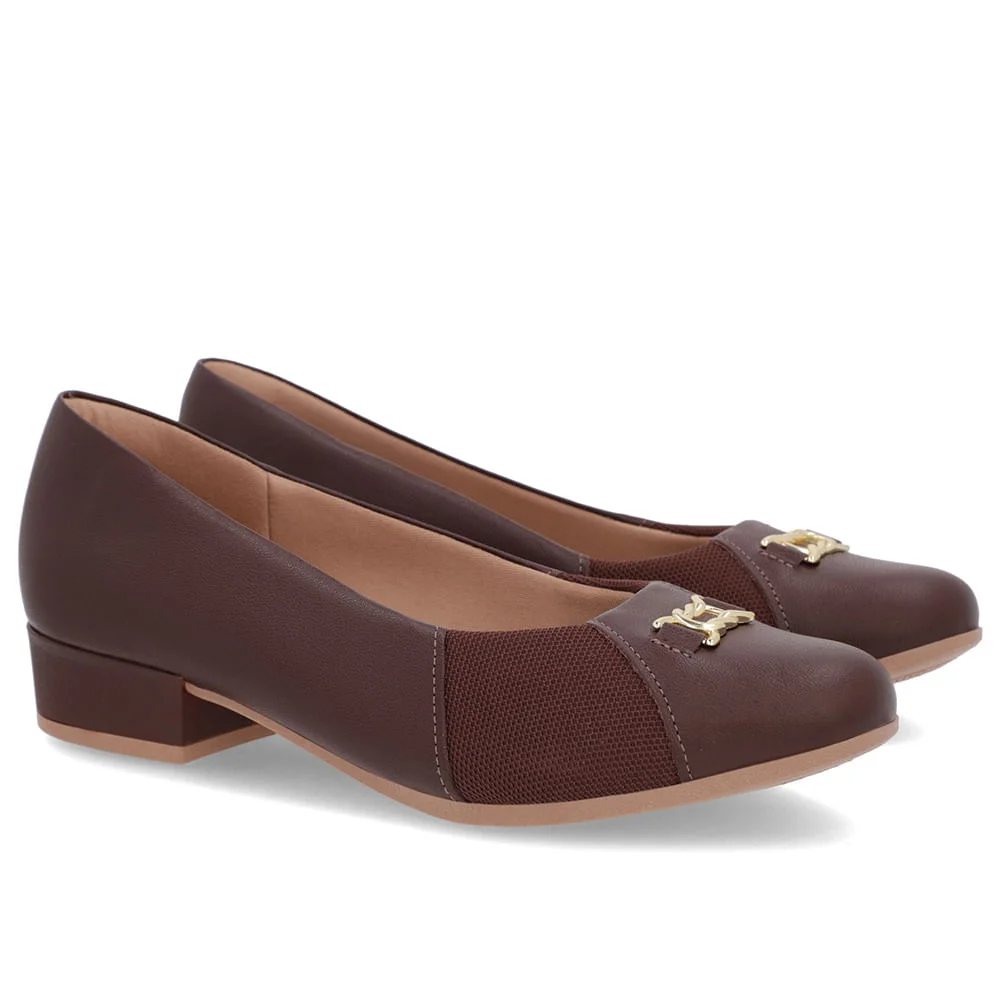 Scarpin Marrom Couro Bico Redondo Tecido Lateral Marrom 2