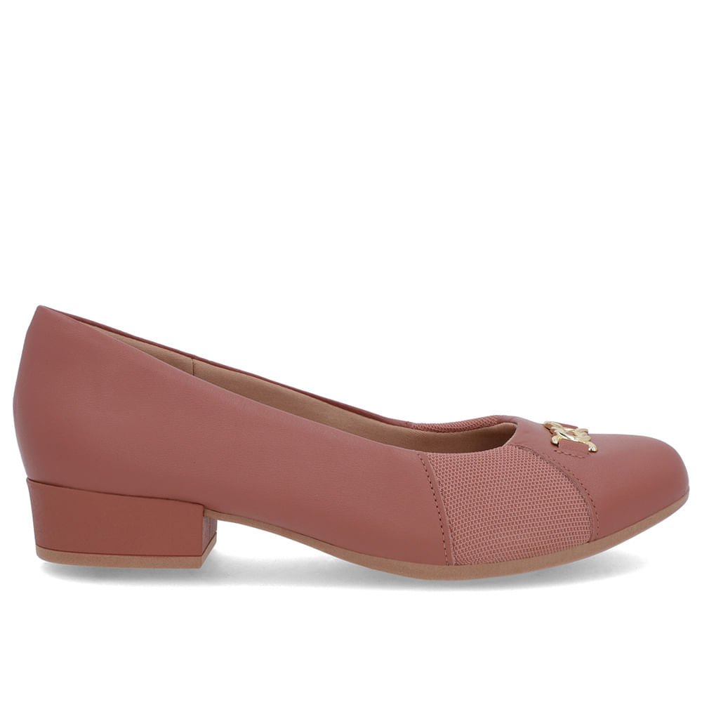 Scarpin Rosa Couro Bico Redondo Tecido Lateral