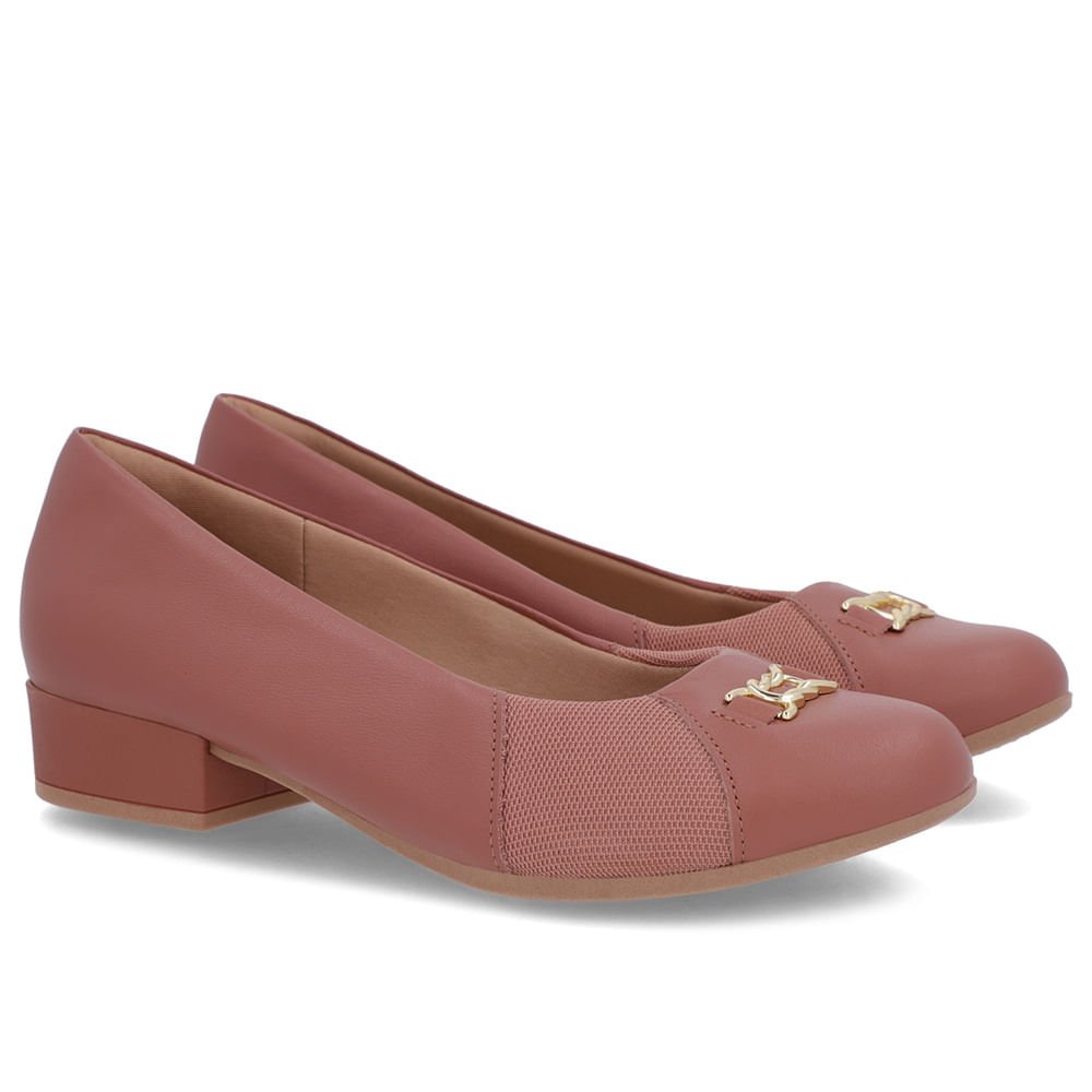 Scarpin Rosa Couro Bico Redondo Tecido Lateral Rosa 2