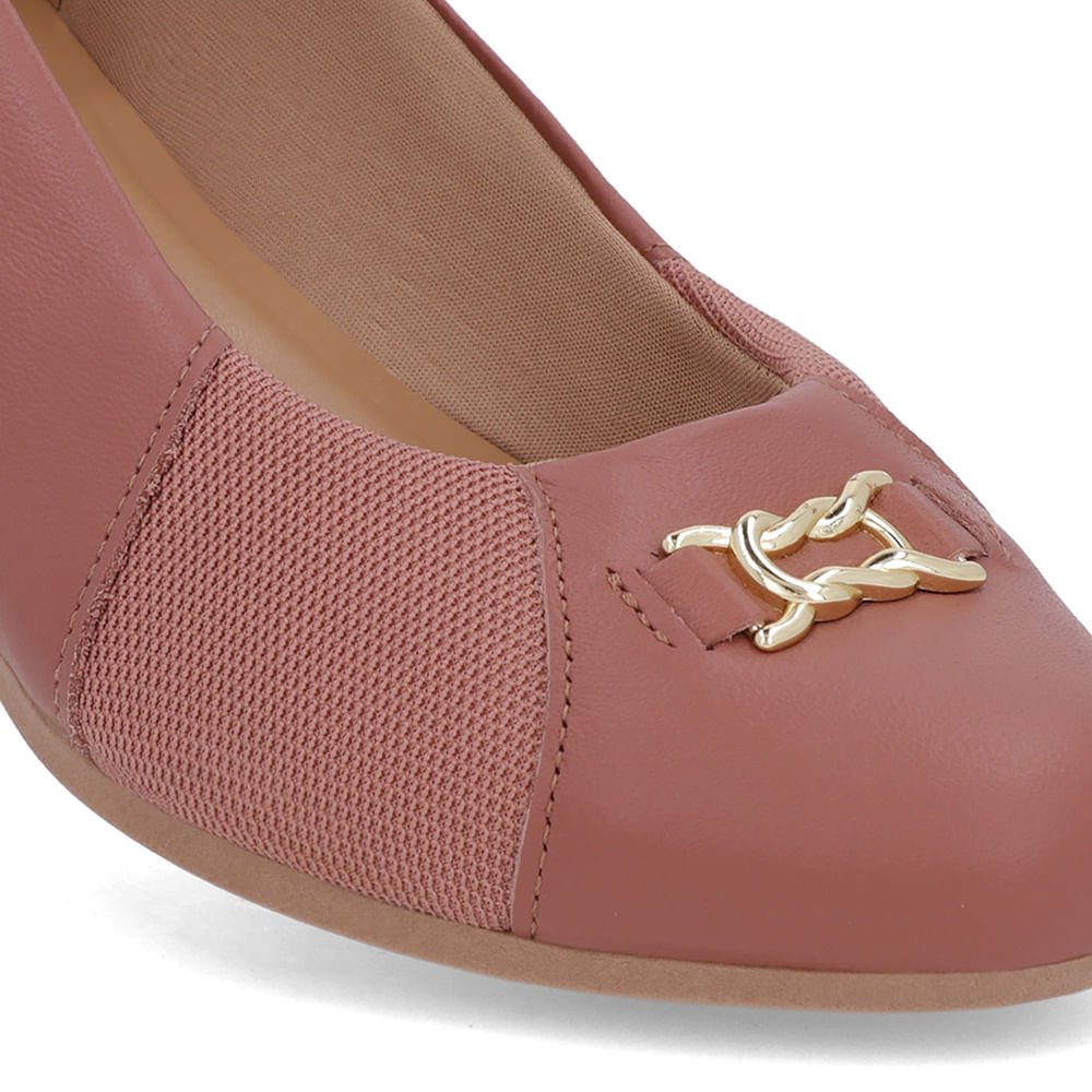 Scarpin Rosa Couro Bico Redondo Tecido Lateral Rosa 4
