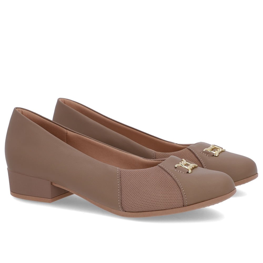 Scarpin Marrom Claro Couro Bico Redondo Tecido Lateral Marrom 2