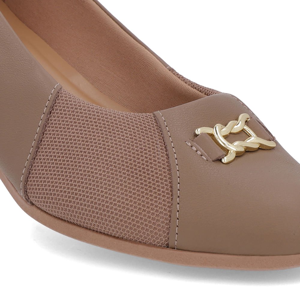 Scarpin Marrom Claro Couro Bico Redondo Tecido Lateral Marrom 4