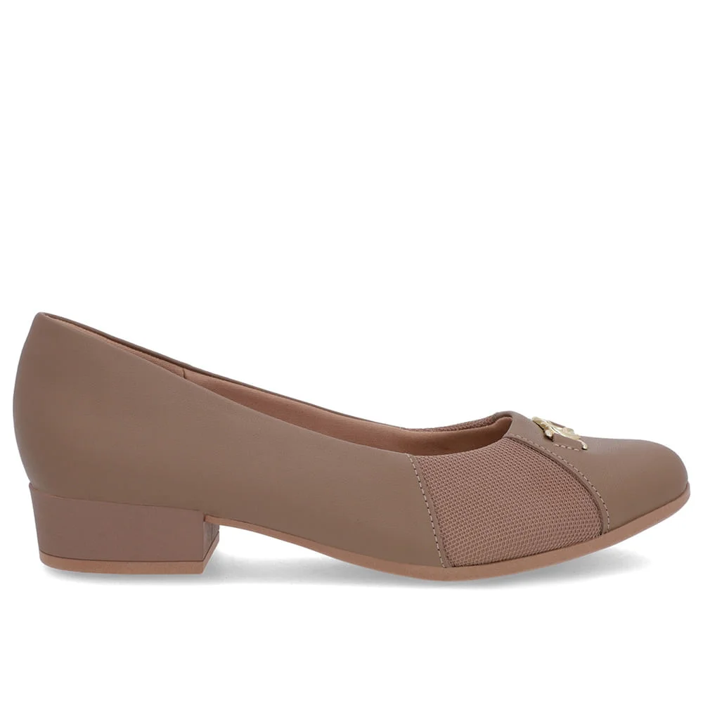Scarpin Marrom Claro Couro Bico Redondo Tecido Lateral