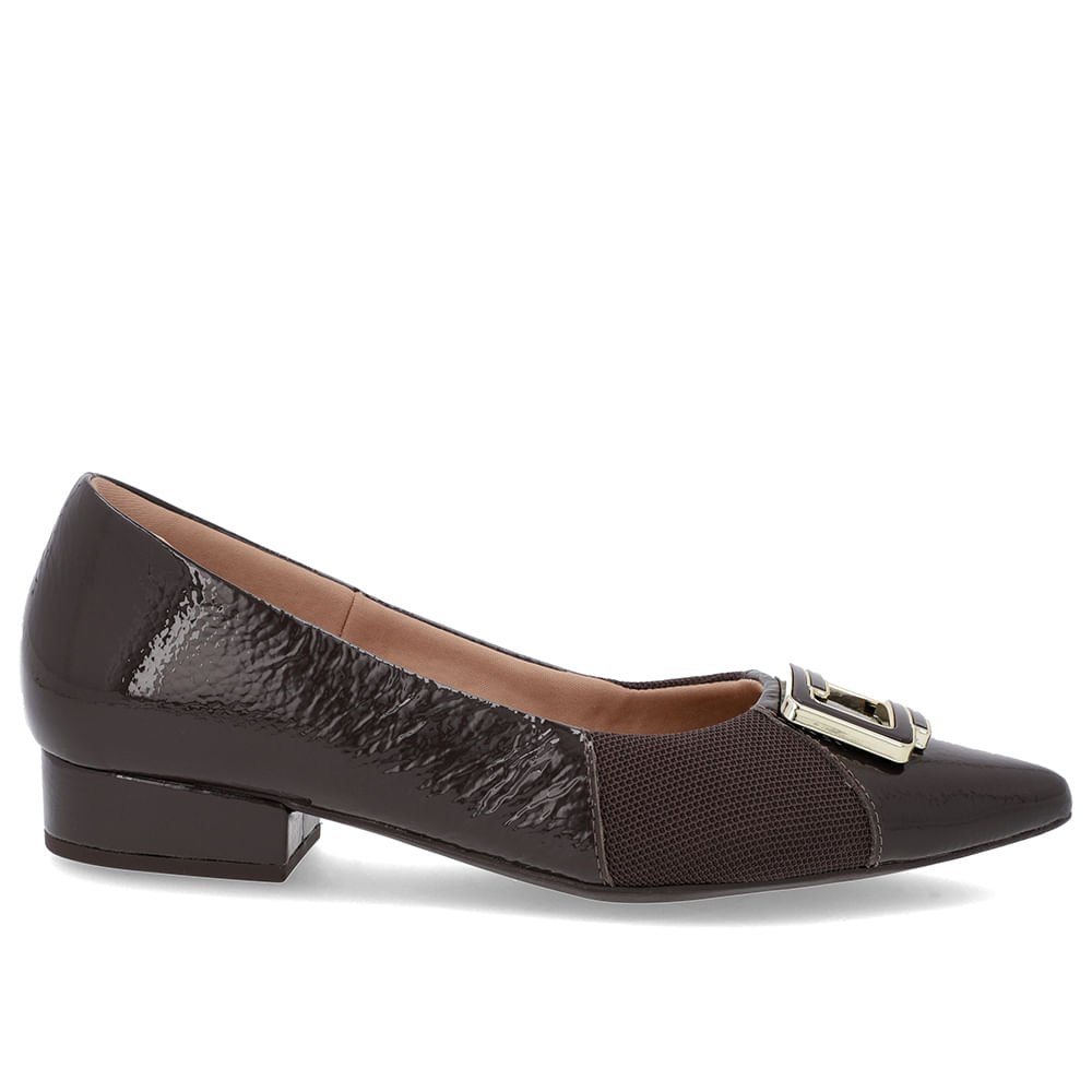 Scarpin Marrom Verniz Bico Fino Enfeite