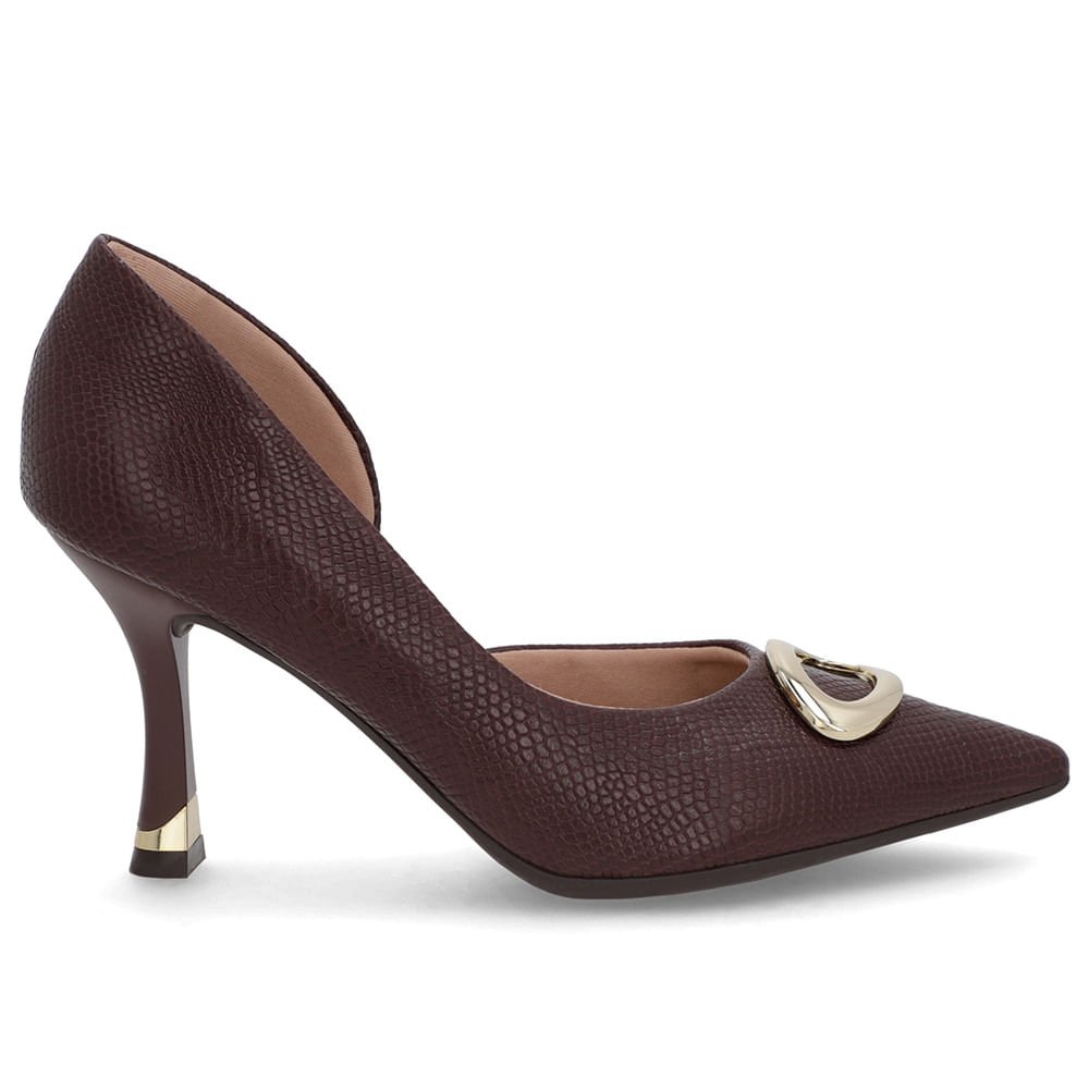 Scarpin Marrom Couro Bico Fino Detalhe Salto