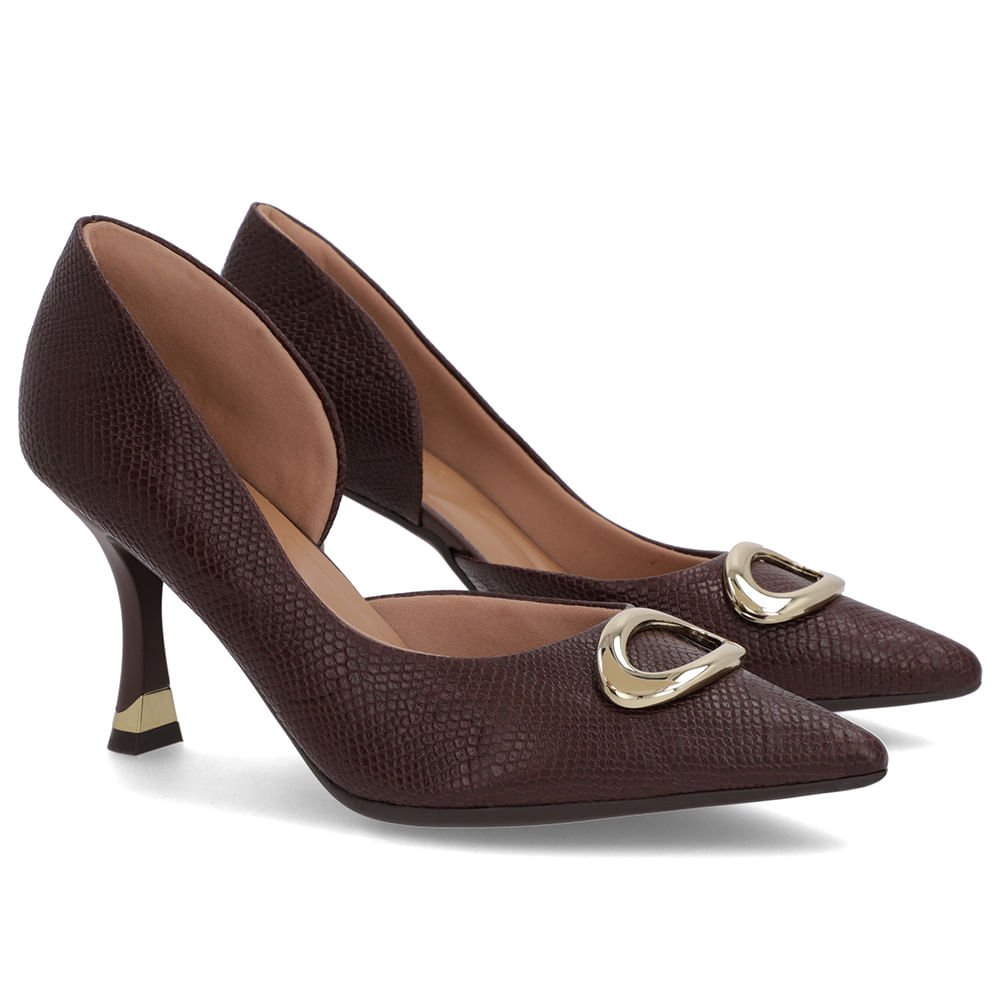Scarpin Marrom Couro Bico Fino Detalhe Salto Marrom 2