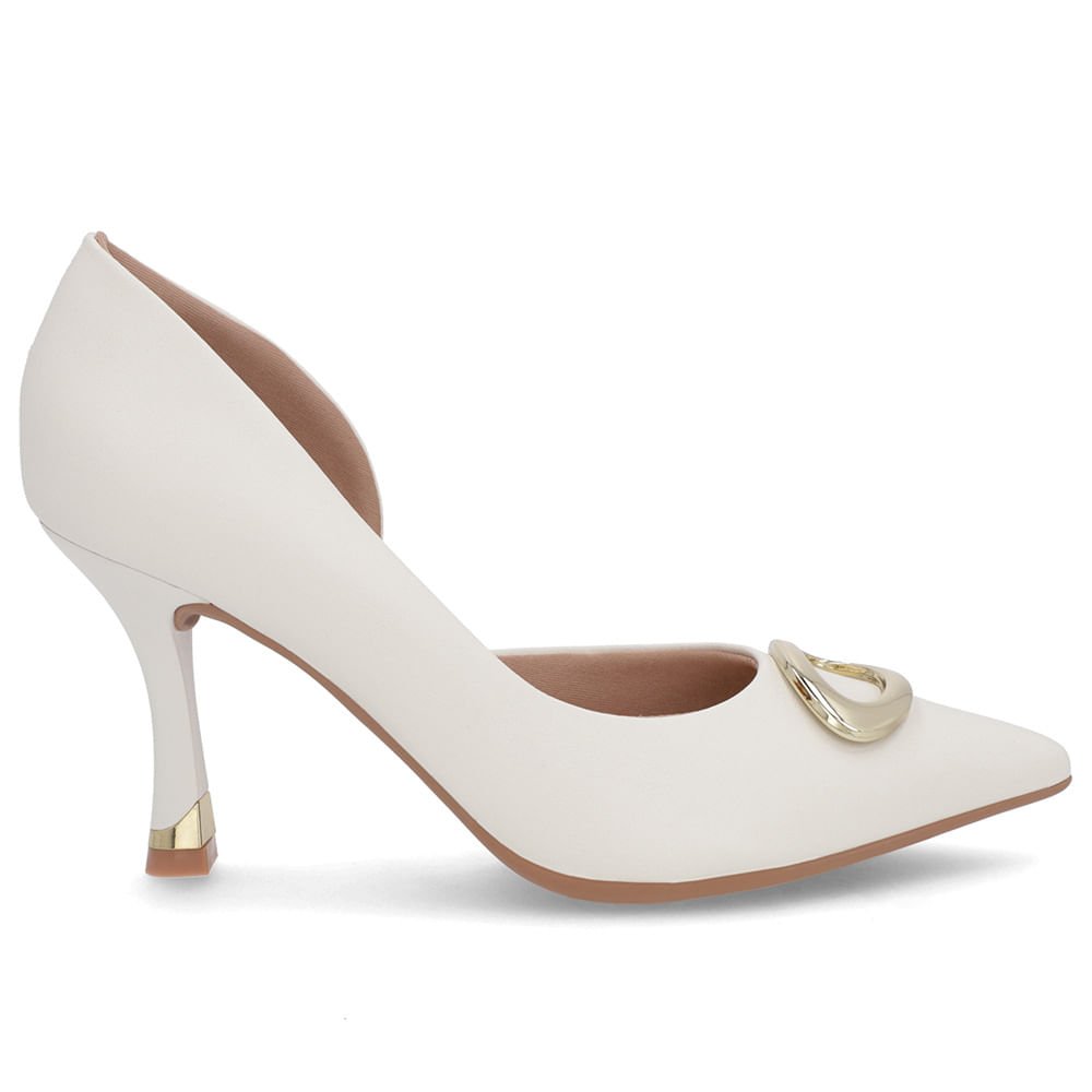 Scarpin Branco Marfim Couro Bico Fino Detalhe Salto