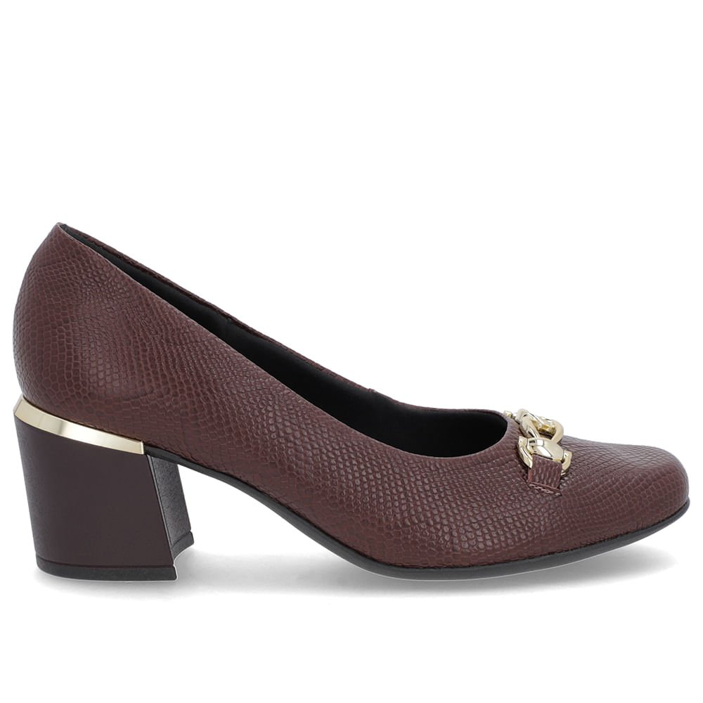 Scarpin Marrom Textura Couro Bico Quadrado Detalhe Salto