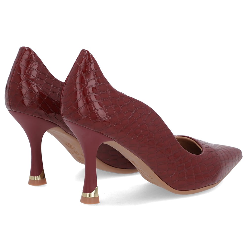 Scarpin Vermelho Couro Croco Bico Fino Detalhe Recorte Bordô 3