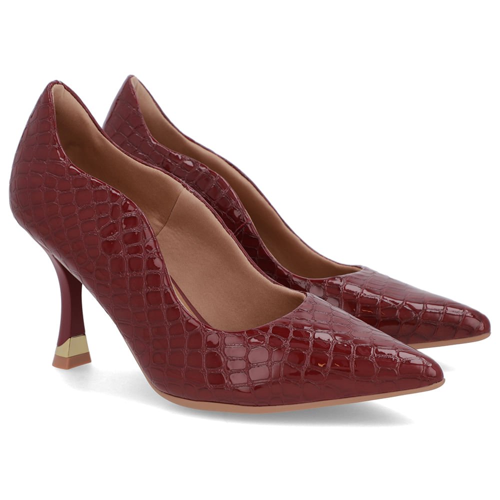 Scarpin Vermelho Couro Croco Bico Fino Detalhe Recorte Bordô 4