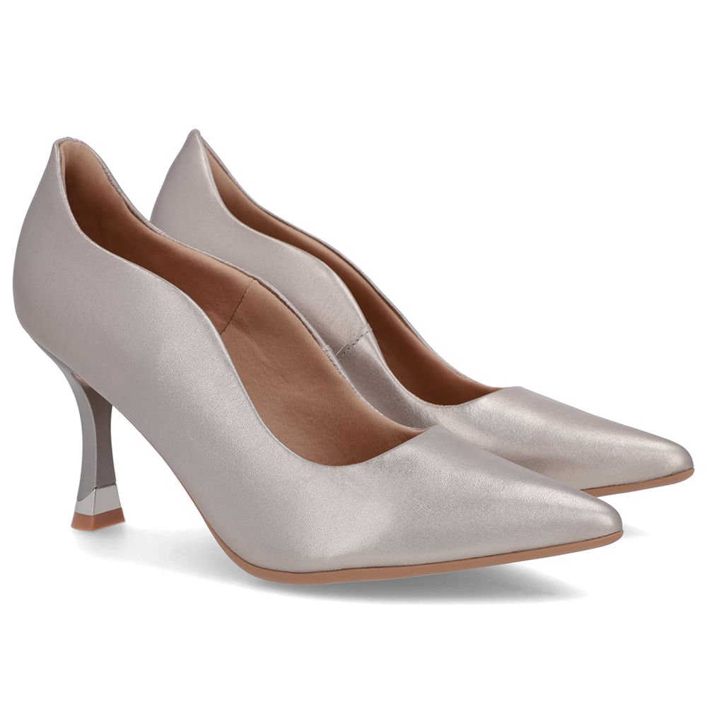 Scarpin Aço Couro Bico Fino Detalhe Recorte Cinza 2