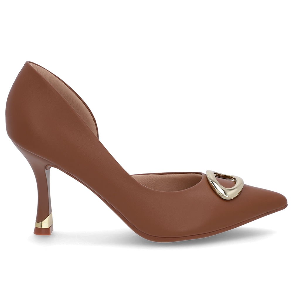 Scarpin Marrom Couro Bico Fino Detalhe Salto