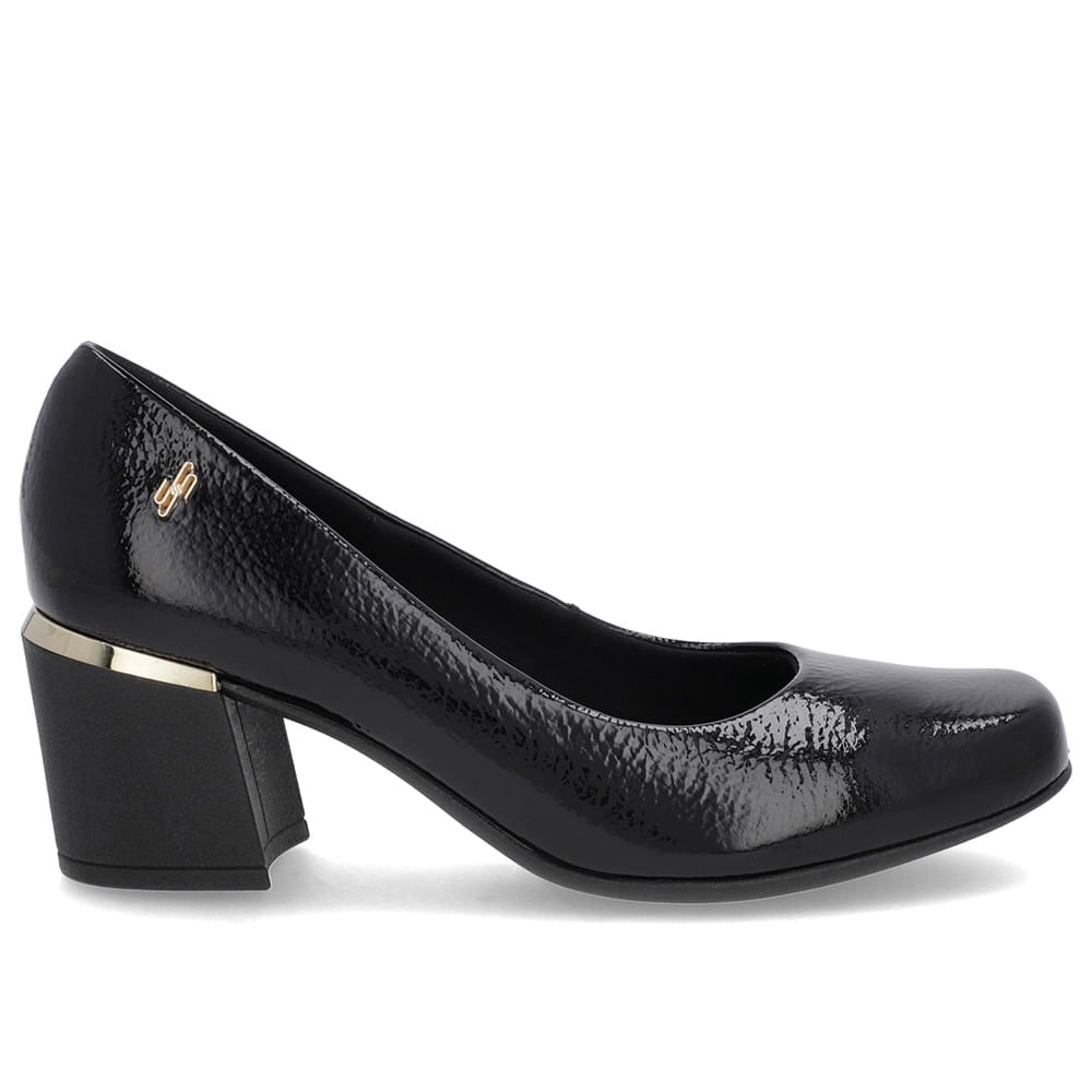 Scarpin Preto Verniz Bico Quadrado Detalhe Salto