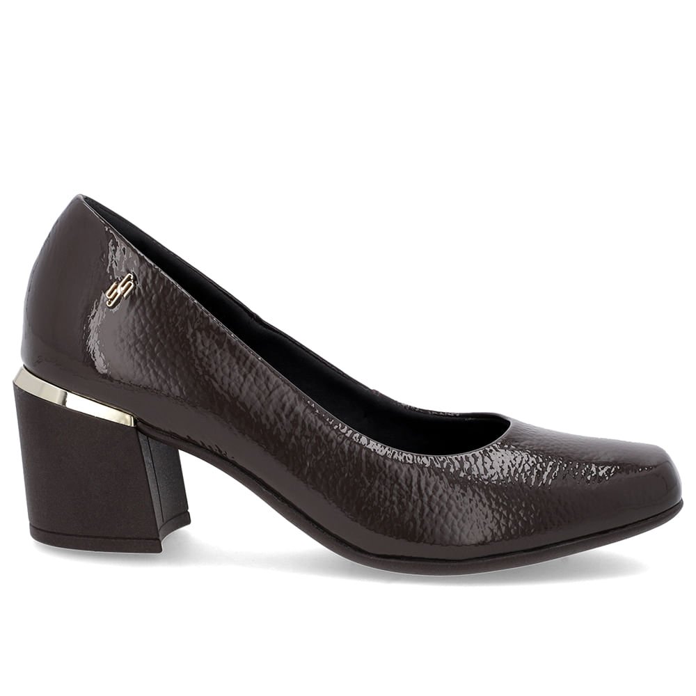 Scarpin Marrom Couro Bico Quadrado Detalhe Salto