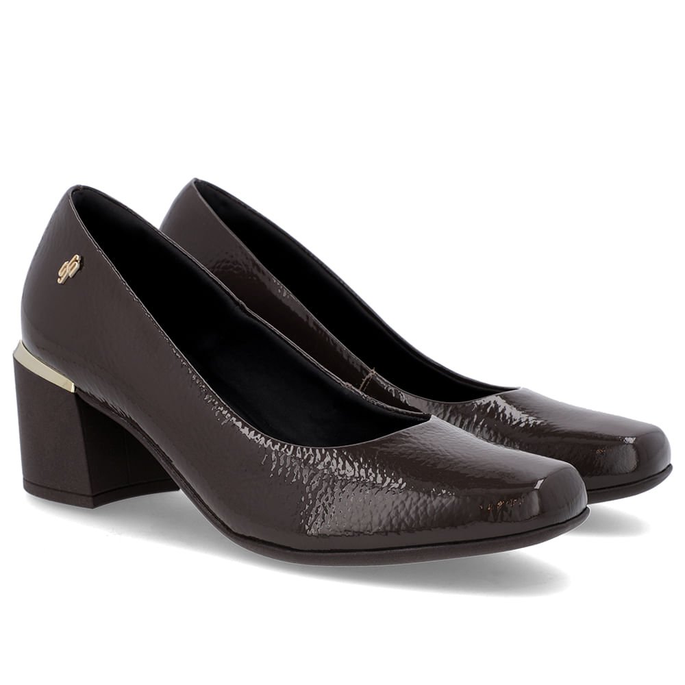 Scarpin Marrom Couro Bico Quadrado Detalhe Salto Marrom 2