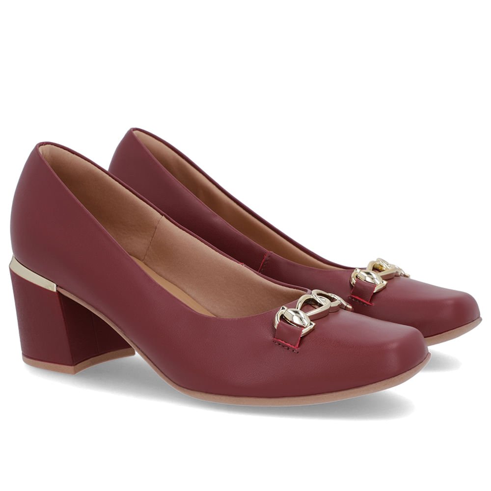 Scarpin Vermelho Couro Bico Quadrado Detalhe Salto Bordô 2