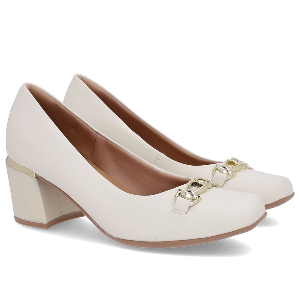 Scarpin Branco Marfim Couro Bico Quadrado Detalhe Salto Branco 4