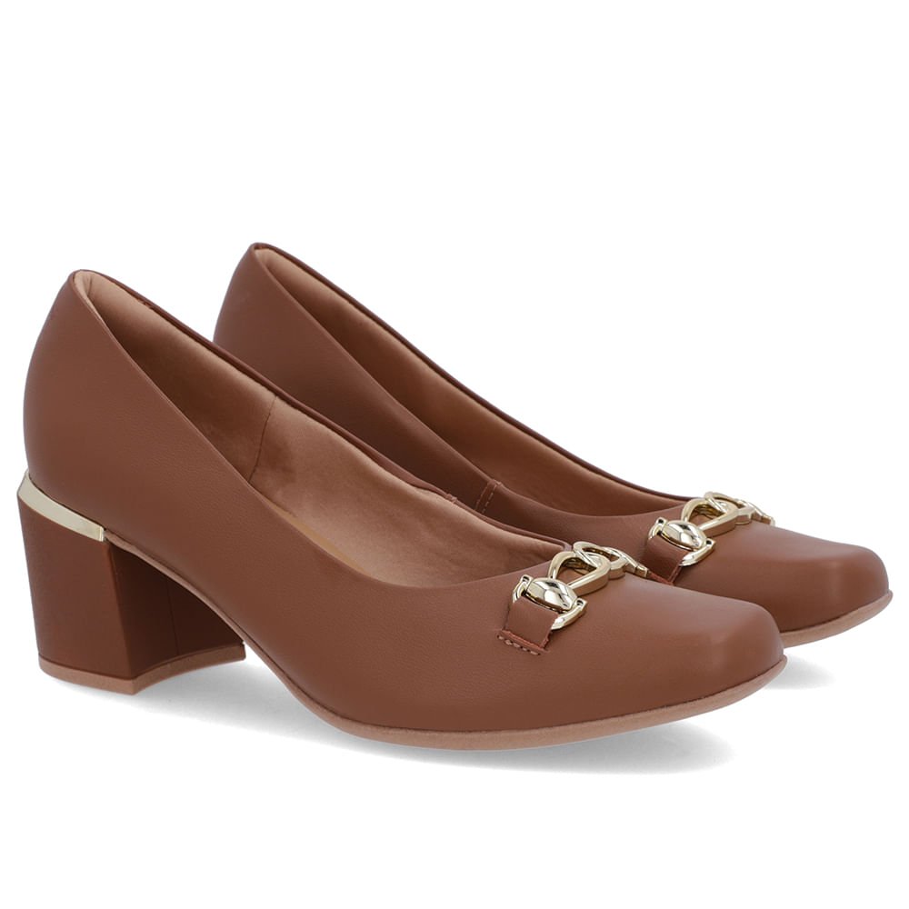Scarpin Marrom Couro Bico Quadrado Detalhe Salto Marrom 2