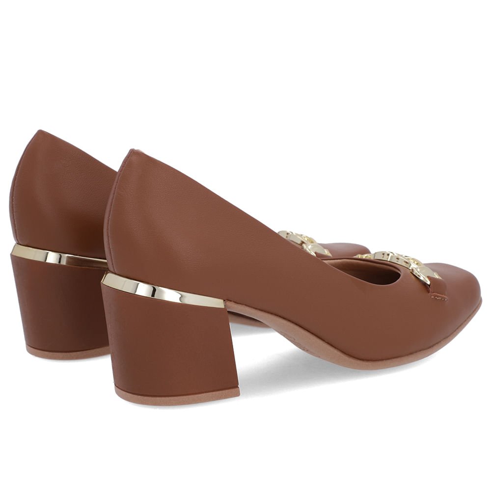 Scarpin Marrom Couro Bico Quadrado Detalhe Salto Marrom 3