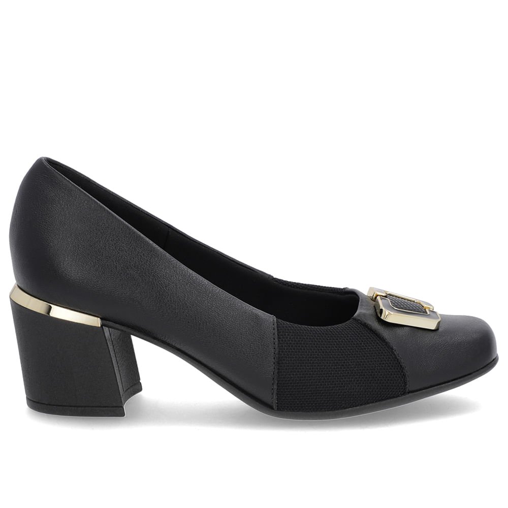 Scarpin Preto Couro Detalhe Tecido