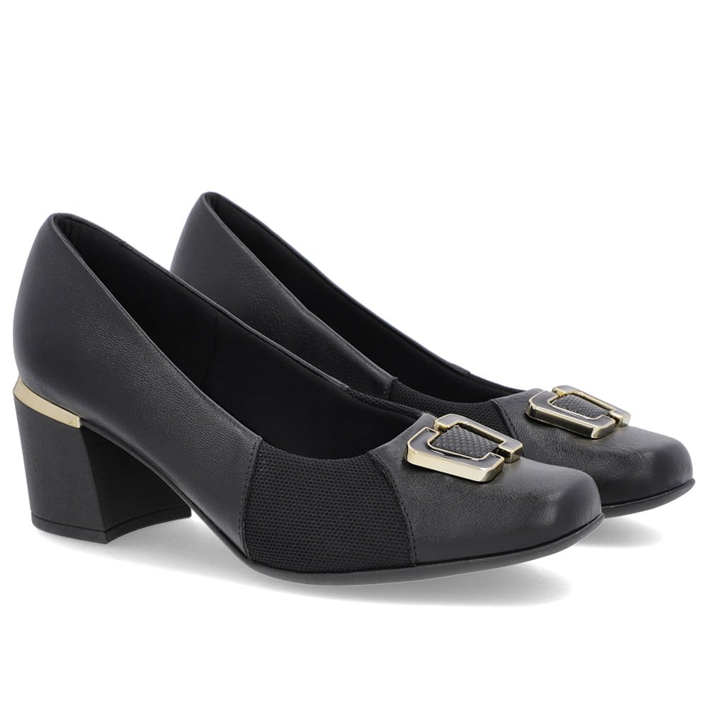 Scarpin Preto Couro Detalhe Tecido Preto 2