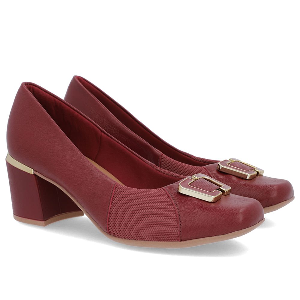Scarpin Vermelho Couro Detalhe Tecido Bordô 2