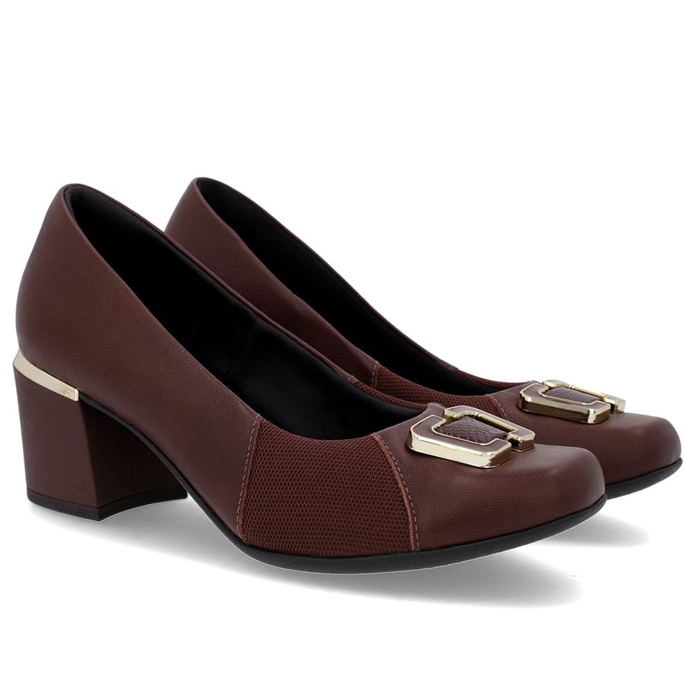 Scarpin Marrom Couro Detalhe Tecido Marrom 4