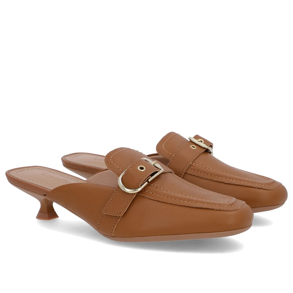 Mule Marrom Couro Salto Kitten Fivela Marrom 2