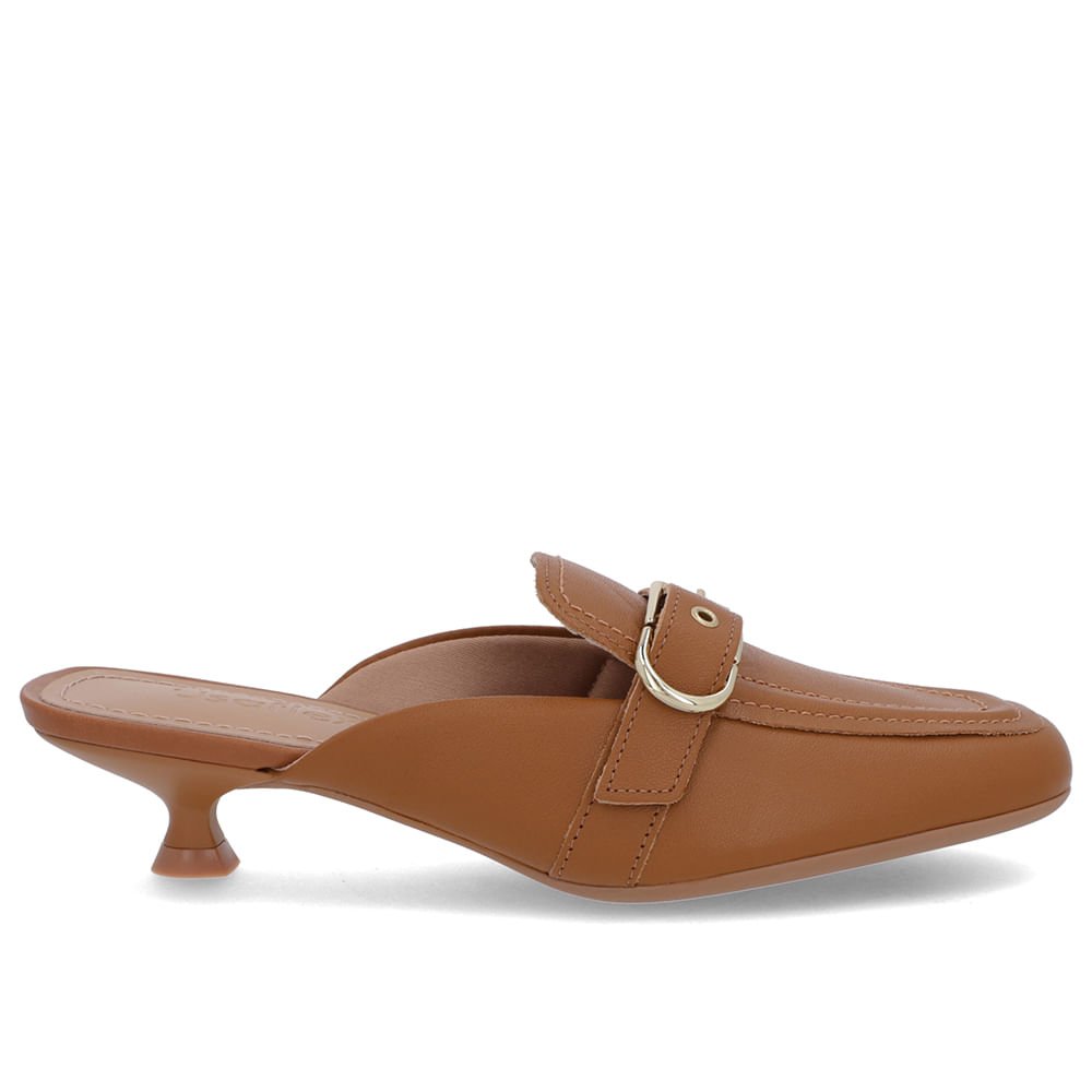 Mule Marrom Couro Salto Kitten Fivela