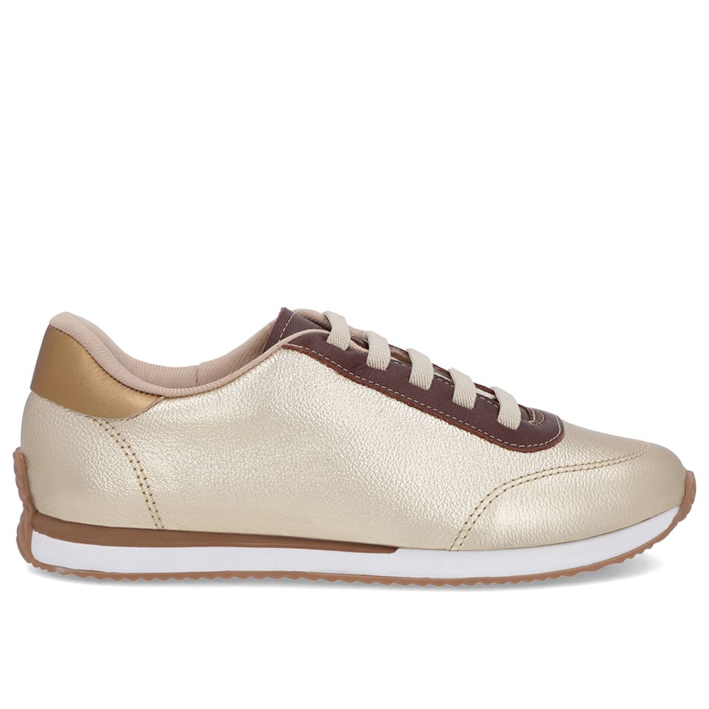 Tênis Dourado Couro Cadarço Elástico