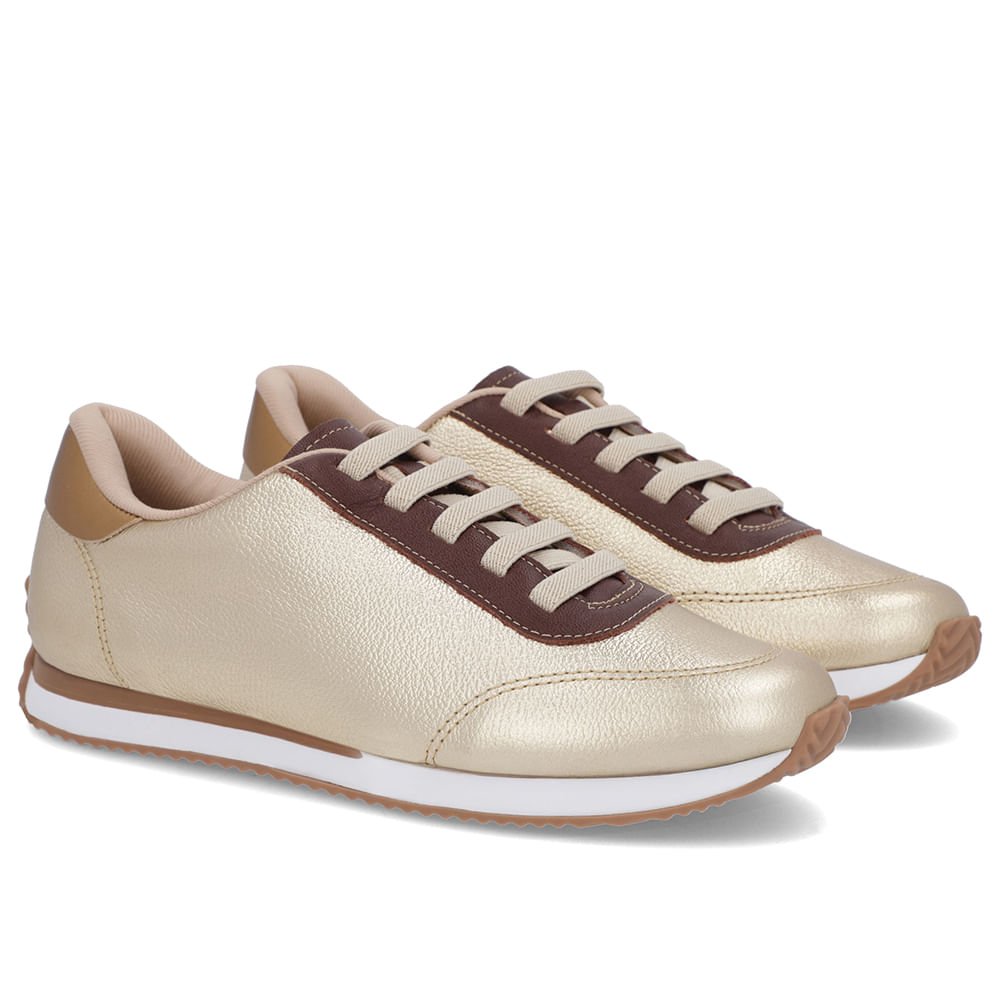 Tênis Dourado Couro Cadarço Elástico Dourado 4