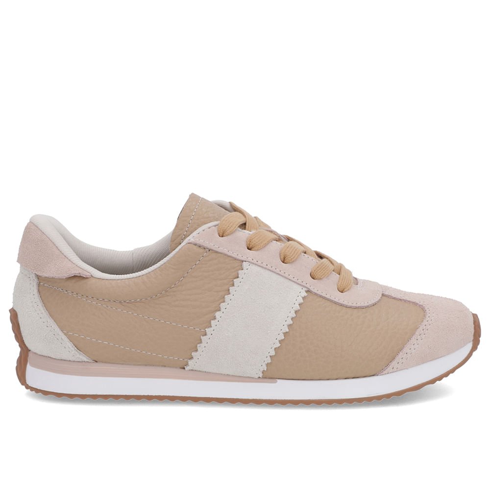 Tênis Bege Couro Detalhe Lateral