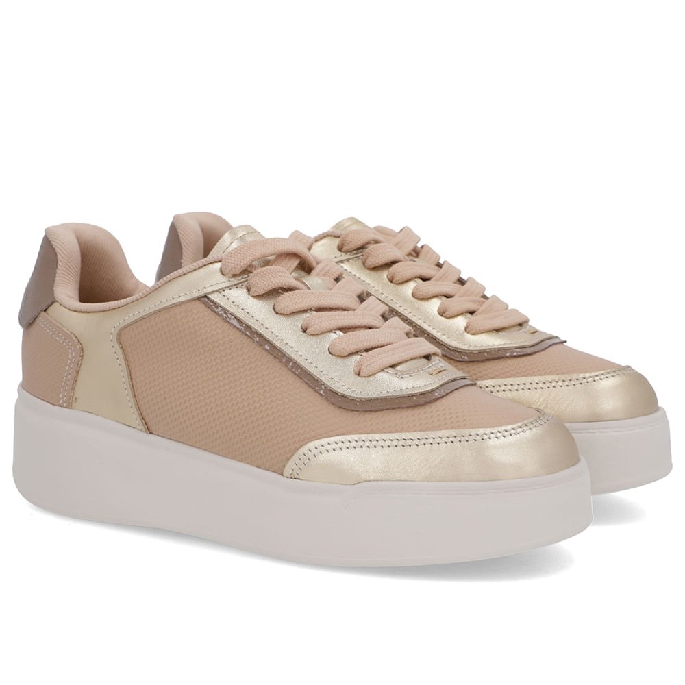 Tênis Dourado Couro Sola Alta Cadarço Bege/Dourado 4