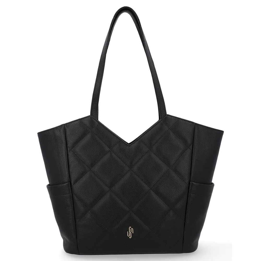 Bolsa Shopper Couro Preto Matelassê Detalhe Recorte
