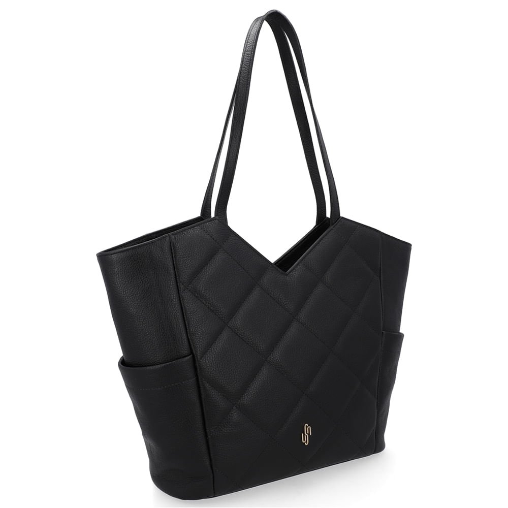 Bolsa Shopper Couro Preto Matelassê Detalhe Recorte Preto 2