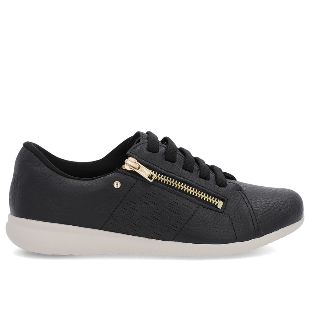 Tênis Preto Couro Laser Zíper Lateral