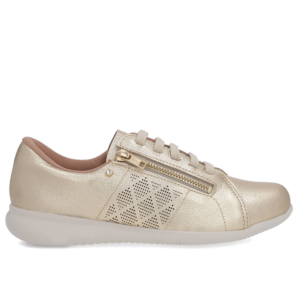 Tênis Dourado Couro Laser Zíper Lateral