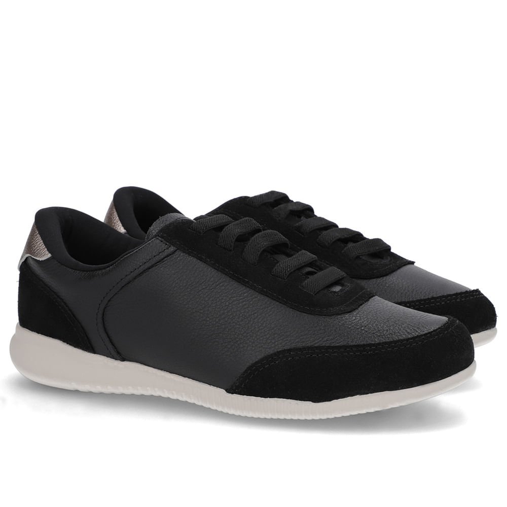 Tênis Preto Couro Detalhe Prata Preto 2