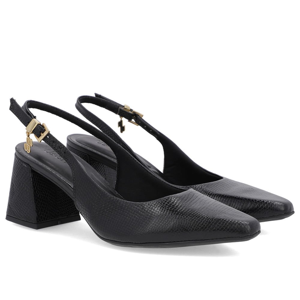 Slingback Preto Couro Textura Bico Fino Preto 2