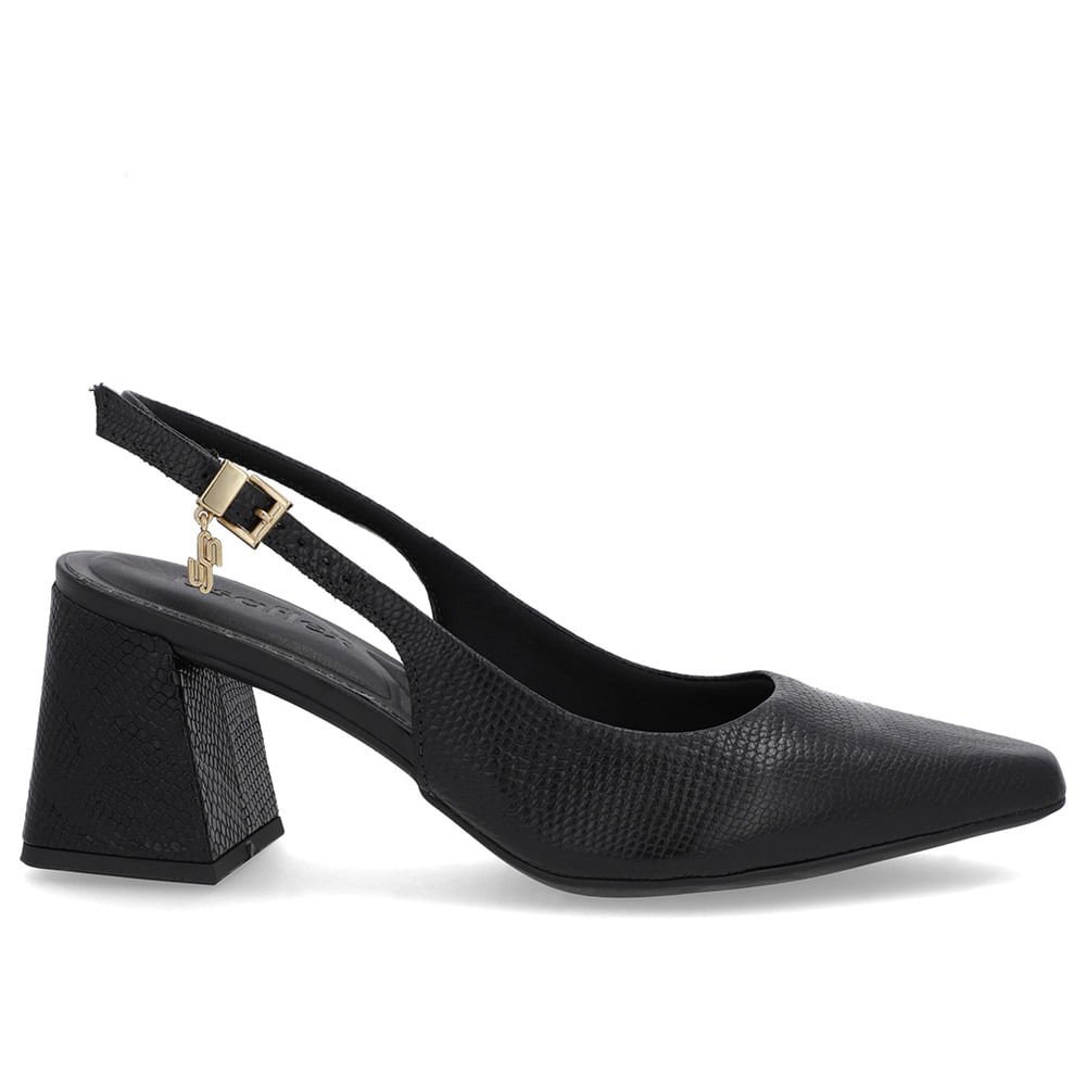 Slingback Preto Couro Textura Bico Fino