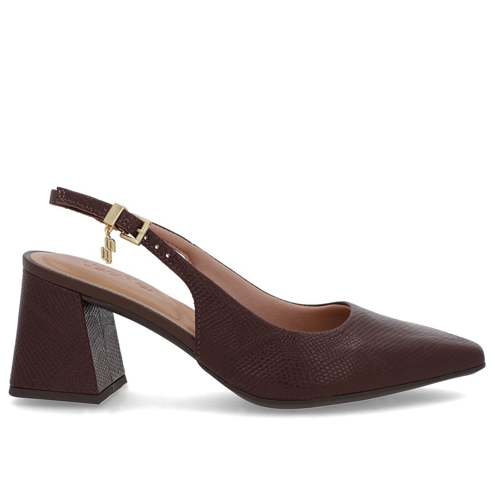 Slingback Marrom Pinhão Couro Textura Bico Fino