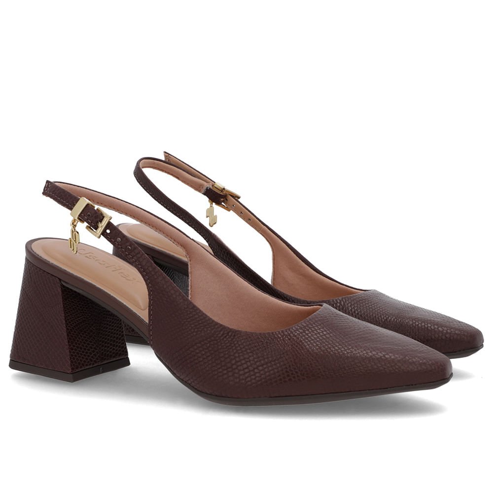 Slingback Marrom Pinhão Couro Textura Bico Fino Marrom 2