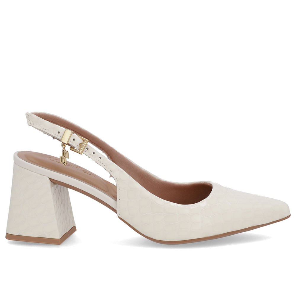 Slingback Branco Marfim Verniz Textura Bico Fino