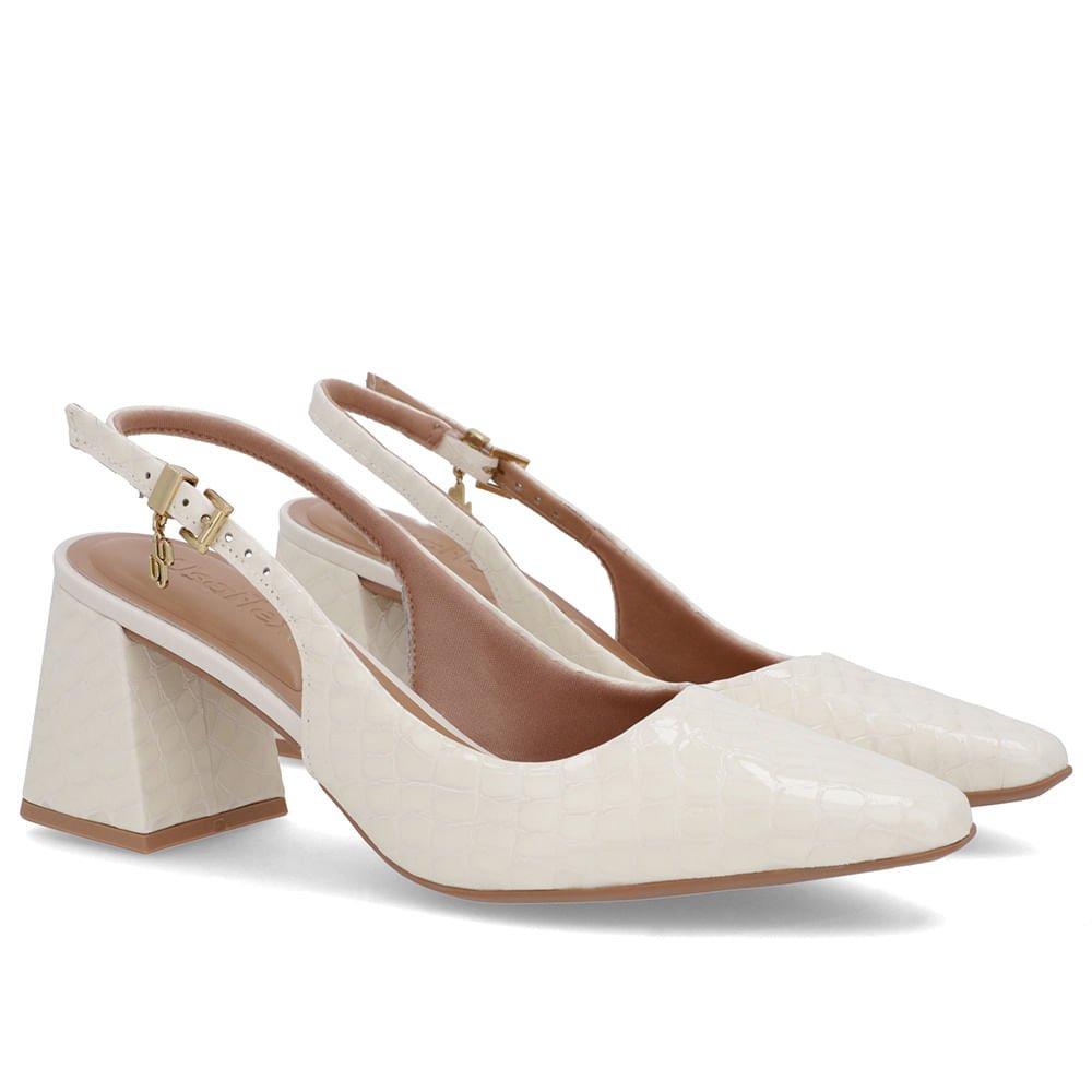 Slingback Branco Marfim Verniz Textura Bico Fino Branco 2