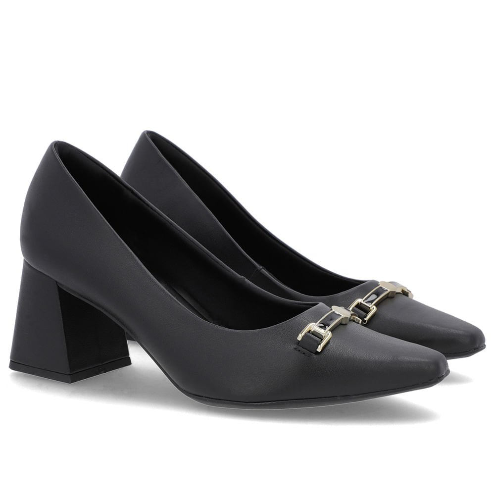 Scarpin Preto Couro Bico Fino Detalhe Geométrico Preto 2