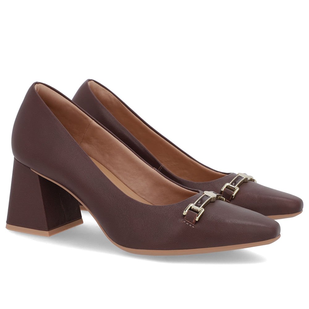 Scarpin Marrom Pinhão Couro Bico Fino Detalhe Geométrico Marrom 2