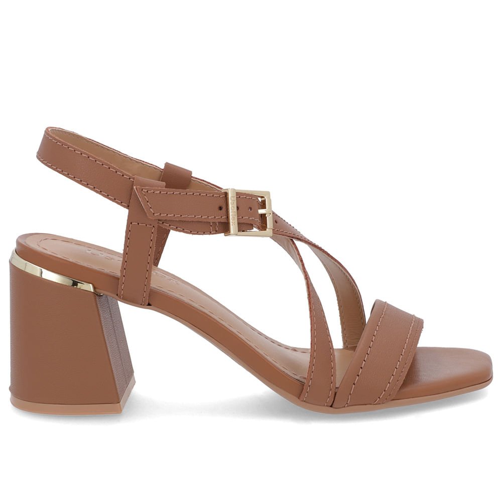 Sandália Salto Quadrado Couro Marrom Fivela