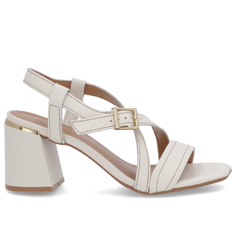 Sandália Salto Quadrado Couro Branca Marfim Fivela