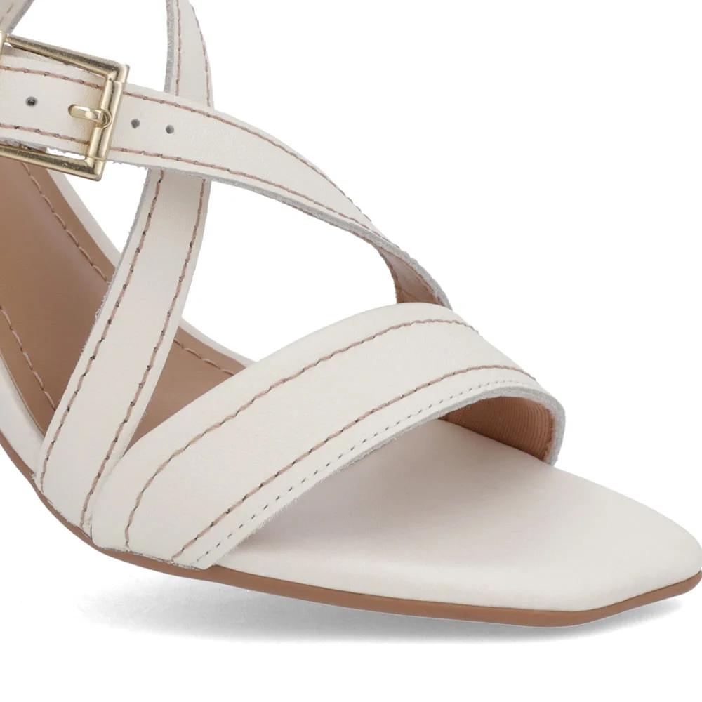 Sandália Salto Quadrado Couro Branca Marfim Fivela Branco 4