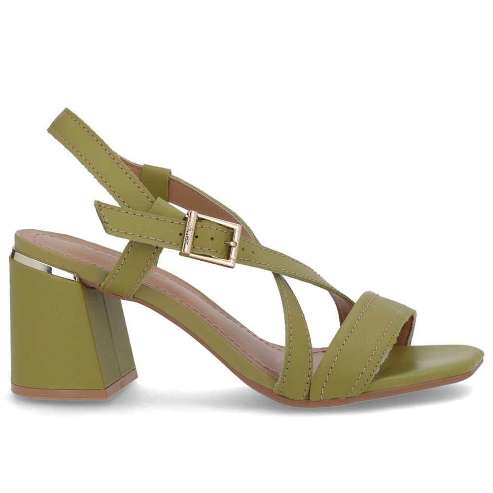 Sandália Salto Quadrado Couro Verde Fivela